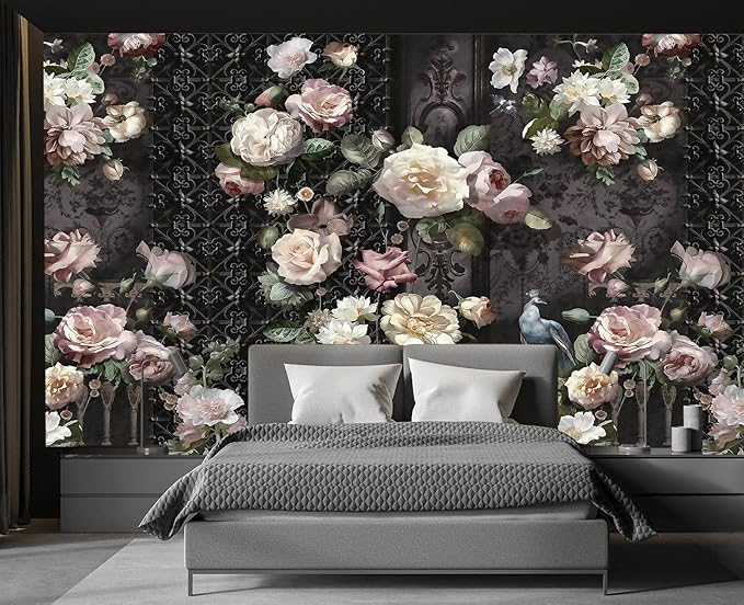 Cliouar-Black Fence Bird Peacock Pink Yellow White Rose 3D Mural Wallpaper Bedroom Living Room Decor 158" x 110"(Not Self-Adhesive)