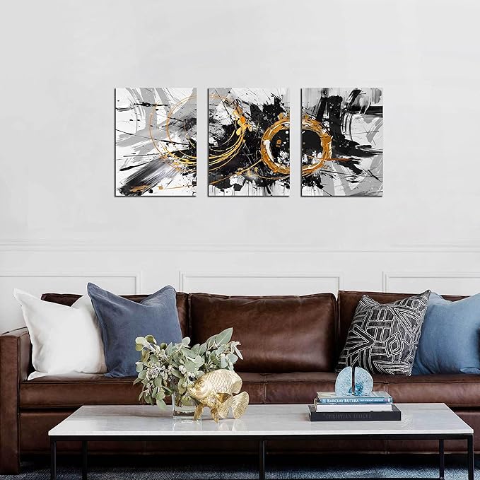 CIRABKY Black, White and Gold Abstract Painting - 3 Piece Canvas Wall Art for Living Room and Office - Size 12" x 16"