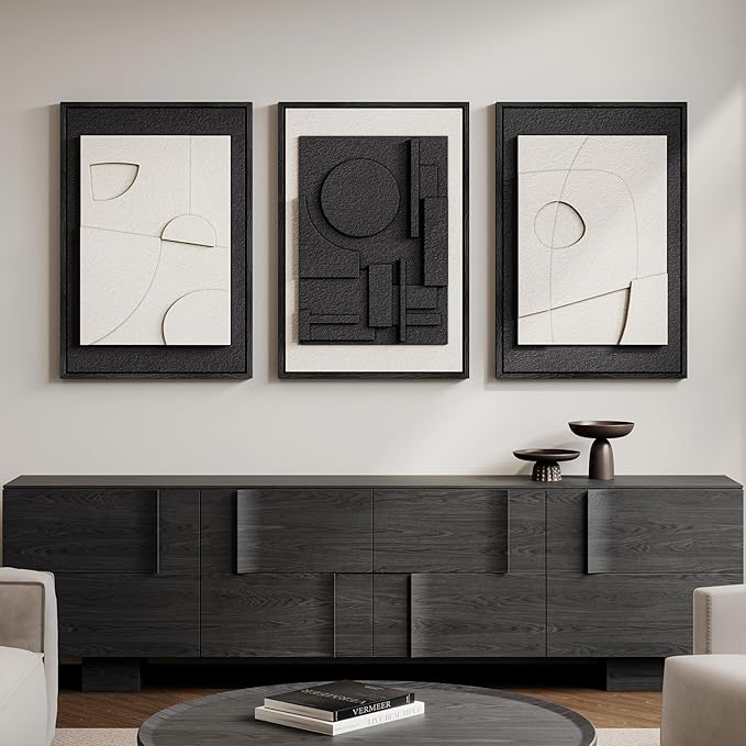 Large 3D Textured Framed Black and White Abstract Wall Art, 3 Piece Modern Wall Paintings Artwork for Walls, Minimalist Black White Geometric Pictures for Living Room, Hallway, Dining Room Wall Decor