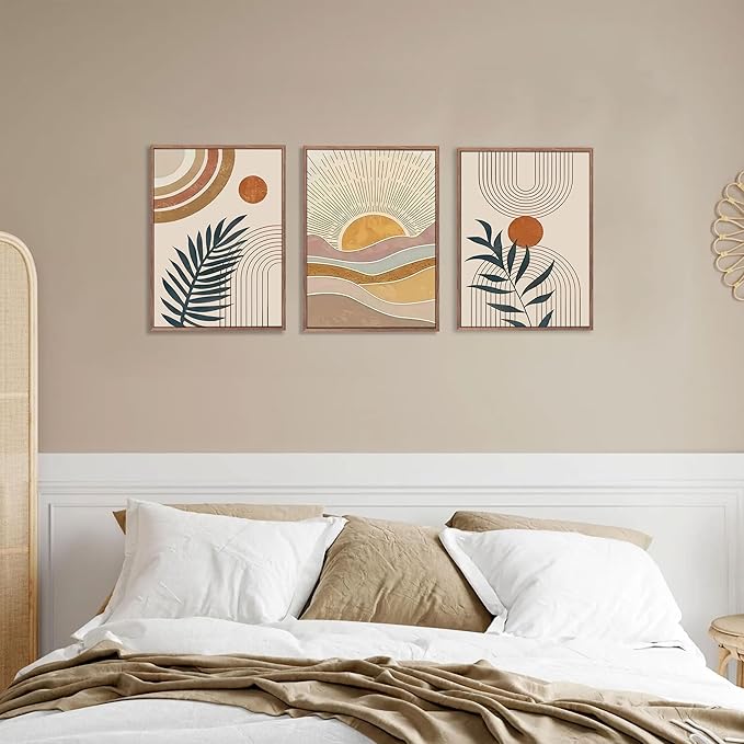 3Pcs Framed Boho Abstract Wall Art Orange Rainbow Sun Desert Minimalist Picture Mid-Century Modern Poster Prints Neutral Botanical Geometric Canvas Painting Wall Decor for Living Room 24L" x 16W"