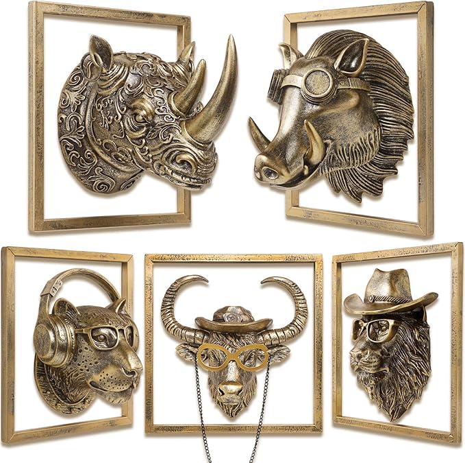 JJALIGHTS Exquisite Resin Animal Head Wall Sculpture (Gift Metal Frame) - Imitation Copper Vintage Decor for Living Room, Bedroom & Office | Decorative Wall Hanging Art