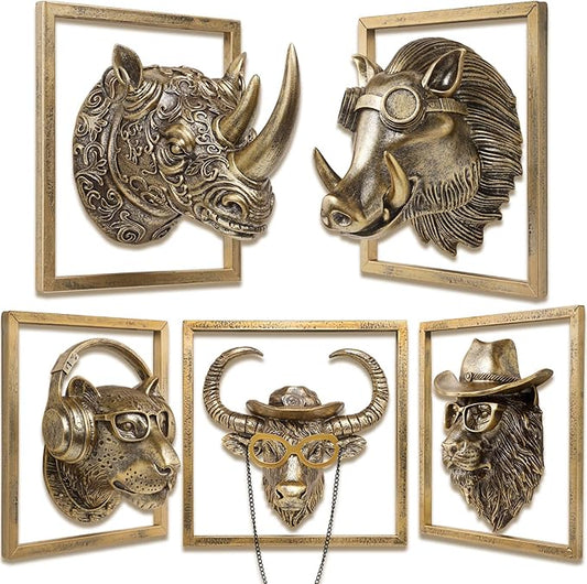 JJALIGHTS Exquisite Resin Animal Head Wall Sculpture (Gift Metal Frame) - Imitation Copper Vintage Decor for Living Room, Bedroom & Office | Decorative Wall Hanging Art