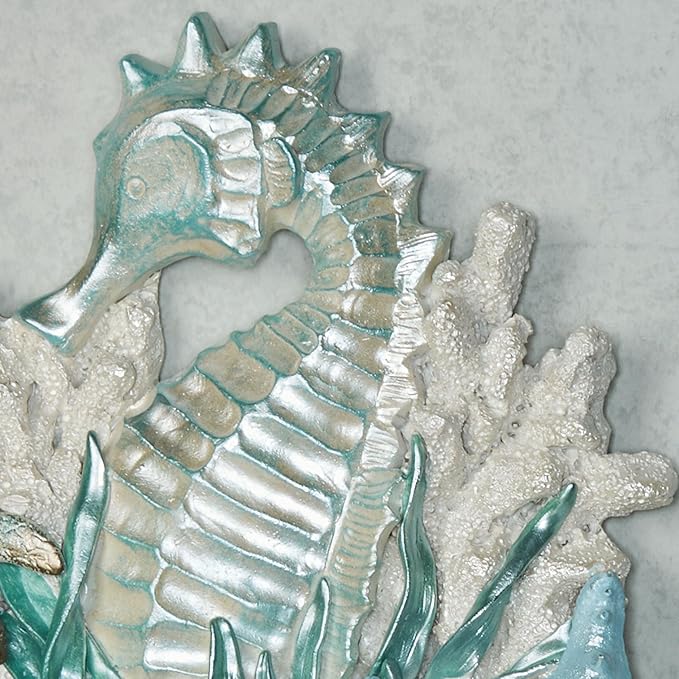 Coastal Seahorse and Sea Turtle Wall Art Plaque | Handpainted Pearlescent Metallic Ivory, Cool Blue, & Green Hues | Ocean Sealife, Coral Reef, and Seashells on Textured Sand Decorative Wall Sculpture