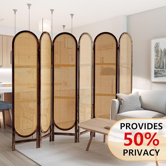 5.6 Ft Room Divider 6 Panel, Folding Privacy Screen, Rattan Room Divider, Foldable Wood Divider Panel, Portable Partition Screen, Wall Divider for Room Separation Home Office Garden-Brown