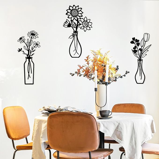 Mcdagogn 3 Pieces Metal Flowers Wall Arts - Rustic Farmhouse Wall Decor, Minimalist Black and White Wall Decor for Living room Bathroom Bedroom Dining Room Kitchen Office - Housewarming Gifts