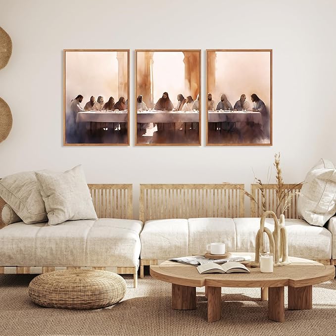 Aurlan Jesus Last Supper Bible Story Wall Art(24"x36"), 3PCS Boho Christ Christian Easter Gifts Canvas Artwork, Neutral Spiritual Religious Faith Decor Prints for Office Home