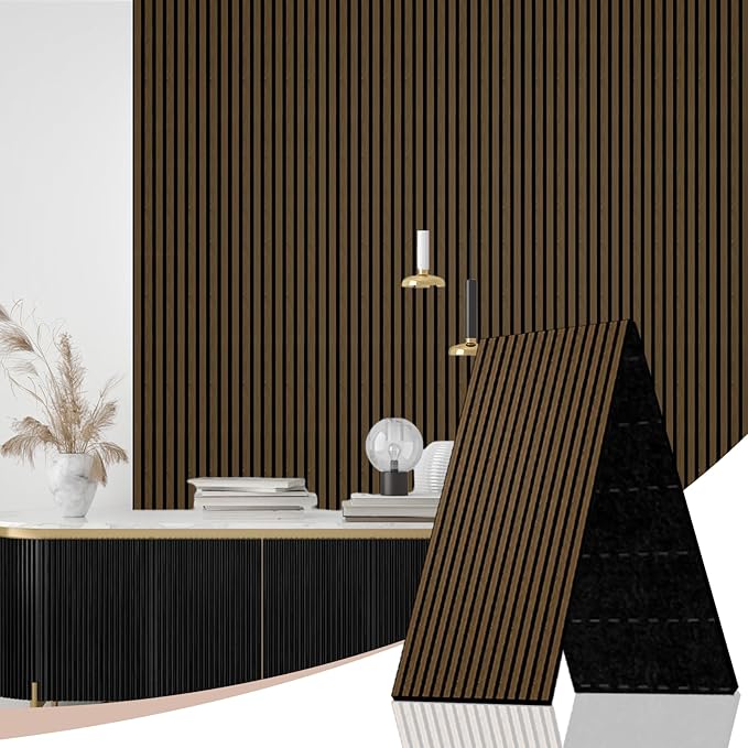 AKK-Stave Acoustic Wood Slat Wall Panels, Foldable Panels 94.5" X 23.6 "X 0.7" 15.5 ft² 3D Fluted Sound Absorbing Panel, for Interior Decoration (Smoked Oak 5#)