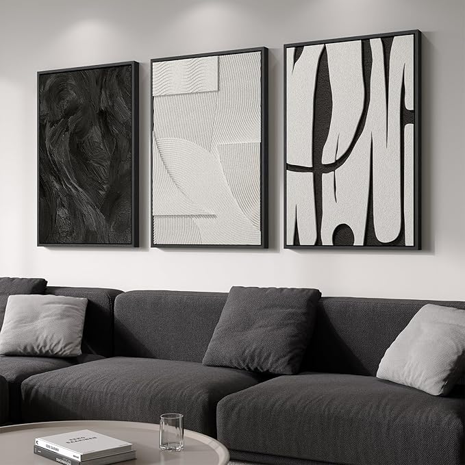 Large 3D Textured Framed Black and White Abstract Wall Art for Living Room, 3 Piece Modern Artwork for Walls, Minimalist Black White Texture Paintings for Hallway Office Wall Decor 24x36 In
