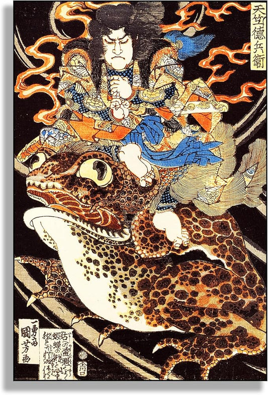 OKRA Utagawa Kuniyoshi Canvas Wall Art Riding a Giant Toad Poses Poster Japanese Ukiyo-E Woodcut Art Animal Nature Landscape Poster Japanese Classic Wall Decor Unframed 16×24in/40×60cm