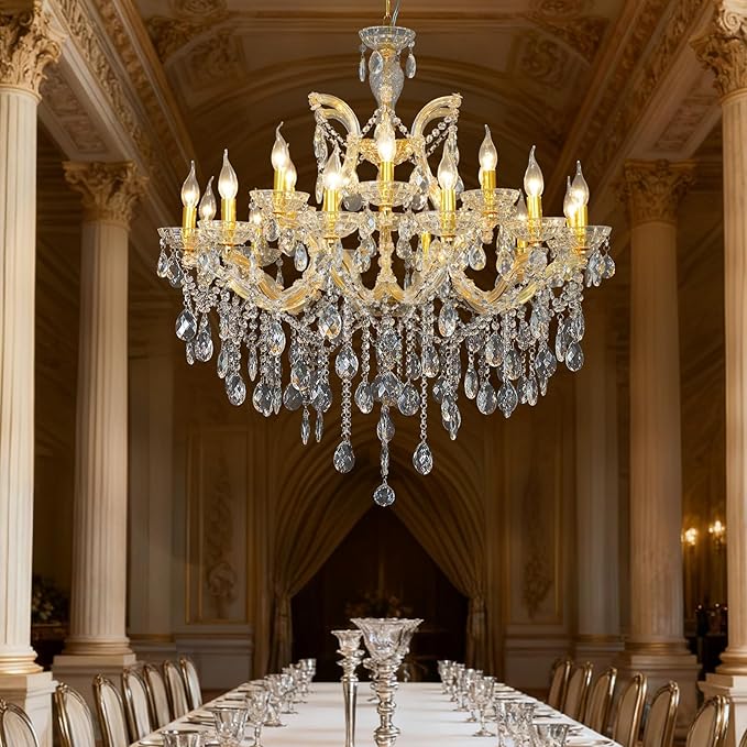 Large High Ceiling Designer Chandelier Modern Maria Theresa Crystals Gold Chandeliers Luxurious Pendant Hanging Lamp for Foyer, Dining Room, Staircase, Lobby, Living Room, 18 Lights, 2 Layers
