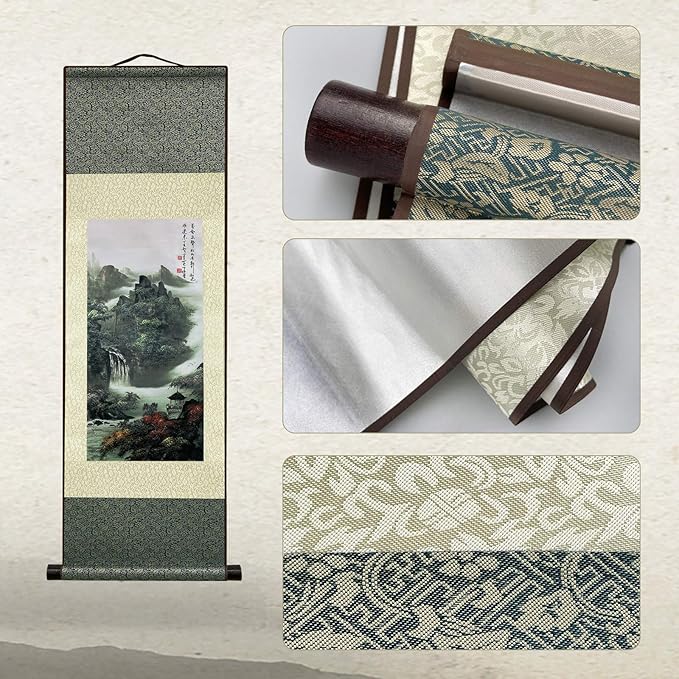 AtfArt Asian Wall Decor - Beautiful Silk Scroll Painting of Waterfall River Landscape - Mountain Spring Autumn Color Oriental Decor Chinese Art Wall Scroll Hanging (36.2 x 12 in)