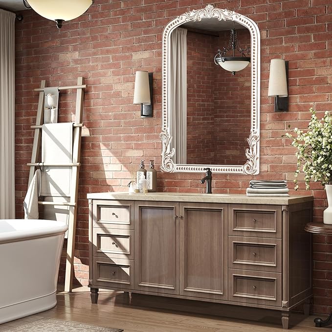 25x35 Inch Baroque Arched Wall Mirror Wooden, Rustic Farmhouse Decorative Mirrors for Fireplace, Entryway, Living Room, Bedroom, Bathroom