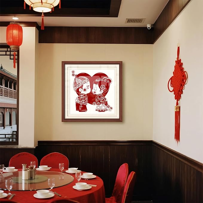 crmotu Chinoiserie Wall Art, Chinese Wedding Paper-Cutting Framed Wall Decor, Romantic Couple Wall Decor, Unique Folk Handmade Gift for Newlyweds Engagement Anniversary 26x26 Inch