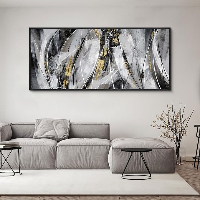 KLAKLA Abstract Frame Wall Art - Black and White Picture for Living Room Black and Gold Framed Artwork Canvas Art Work for Office Home Decor Bedroom Wall Decoration - 70x31 Inches
