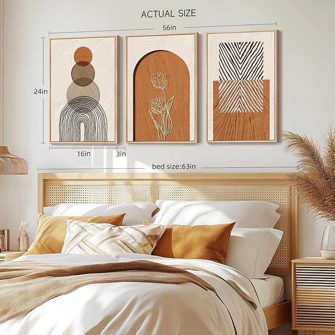 Large Boho Framed Wall Art, Set of 3 Piece Bohemian Wall Hanging Canvas Paintings Artwork for Walls, Neutral and Orange Geometric Art Prints Pictures for Living Room Bedroom Office Wall Decor 16x24 In