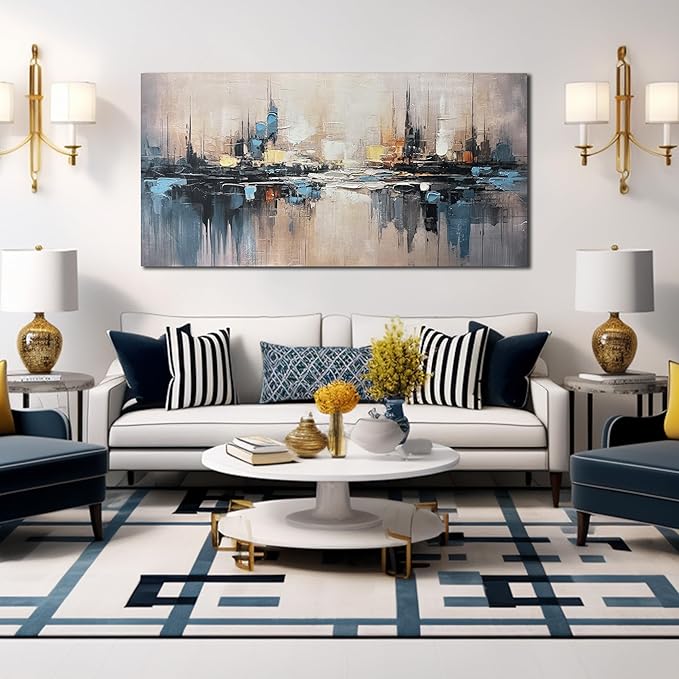 Blue Abstract Wall Art Decor Large Pictures for Living Room Blue and Gray White Bedroom Bathroom Office Decor Size 24 x 48 Inches