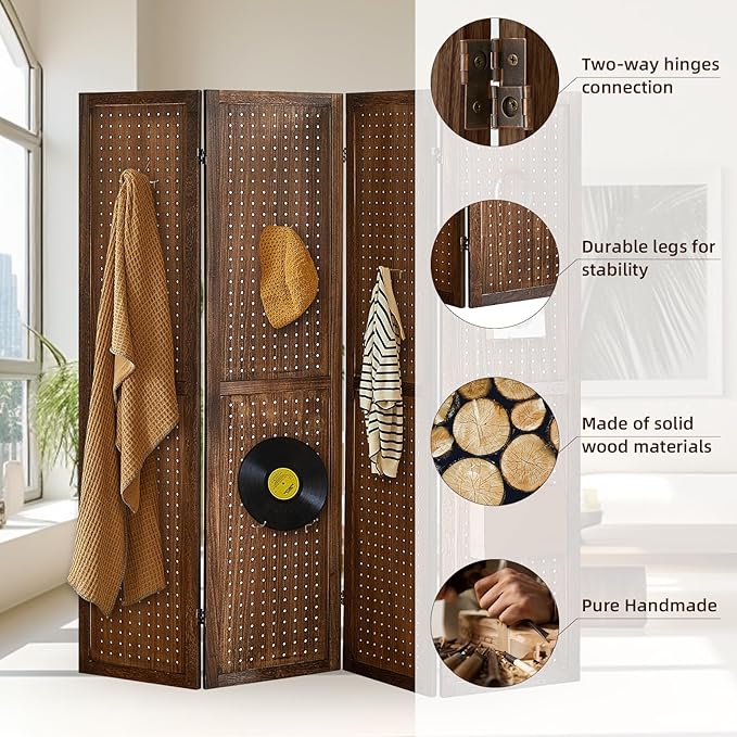 4 Panel Pegboard Display with 16 Hooks, Wooden Room Divider Wall and Folding Privacy Screens, Partition Room dividers, Pegboard Room Divider, Jewelry Store, Bedroom, Balcony, Dark Brown