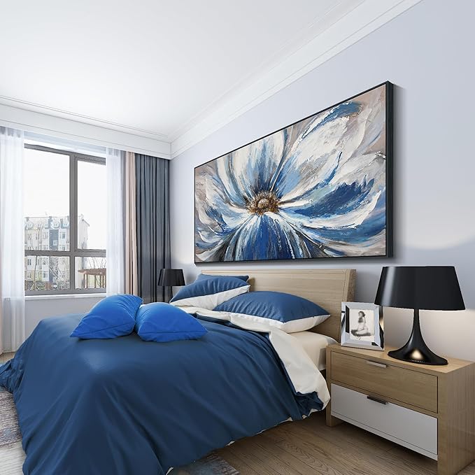 Mofutinpo Flower Wall Art Canvas Art Wall Decor For Living Room Home Decor Bedroom Pictures Aesthetic Blue Large Wall Art Framed Artwork For Walls Modern Kitchen Decor 29×58 Blacke Framed