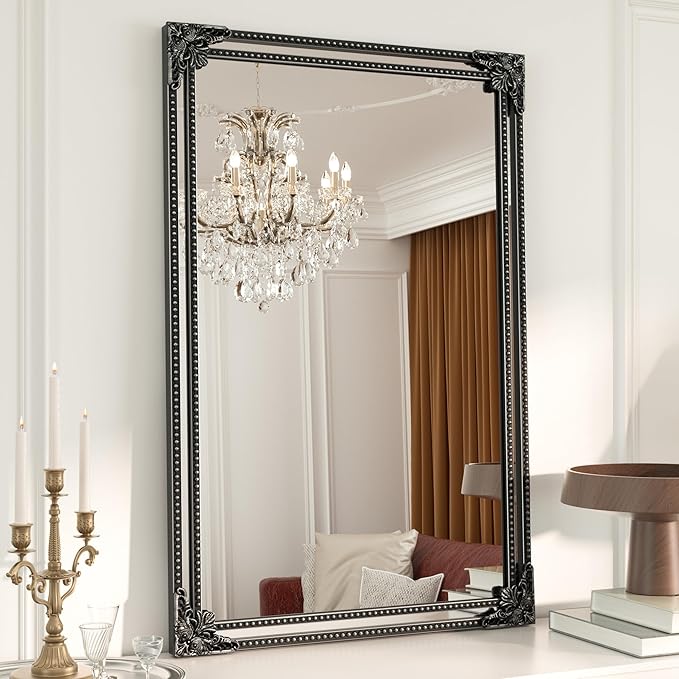 Keonjin Black Vintage Mirror 24 x 36 Inch, Antique Mirrors Rectangle, Traditional Mantel Decoration, Baroque Style Wall Decor for Hallway, Fireplace, Entryway, Living Room, Anti-Rust, Waterproof