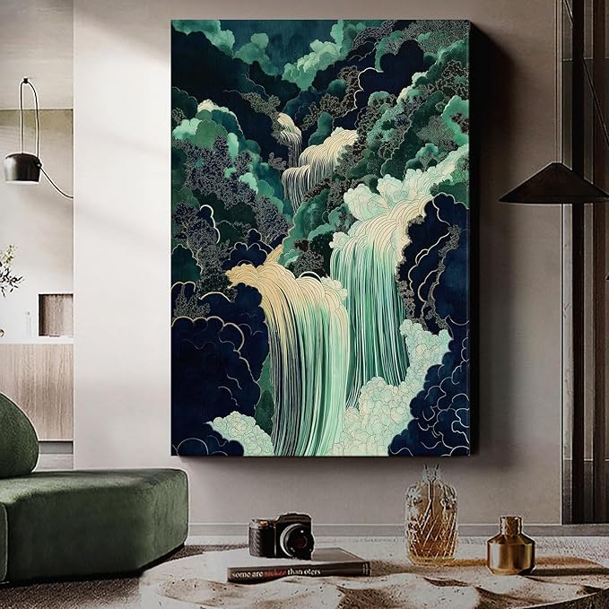 Mountain River Wall Art Japanese Waterfall Painting Abstract Forest Art Poster Blue And Green Abstract Canvas Japanese Style Print Blue And Green Landscape Wall Art Waterfall Artwork 16x24in Framed