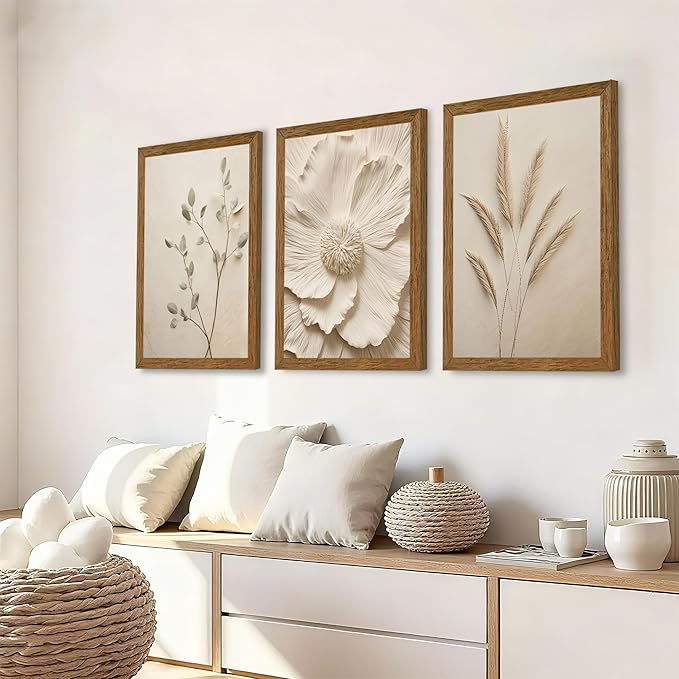 JLTULT 3 Piece Framed Neutral Beige Floral Canvas Wall Art, Modern Simple Texture Blossom Wall Decor, Vintage Botanical Flower Art Prints for Living Room Bedroom Farmhouse 16x24 inch Ready to Hang