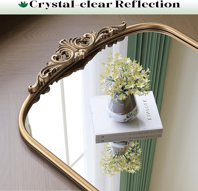 Arched Antique Wall Mirror, 32"x24" Wide Vintage Gold Bathroom Vanity Mirror, Ornate Arch Bronze Mirror for Over Sink/Fireplace/Entryway
