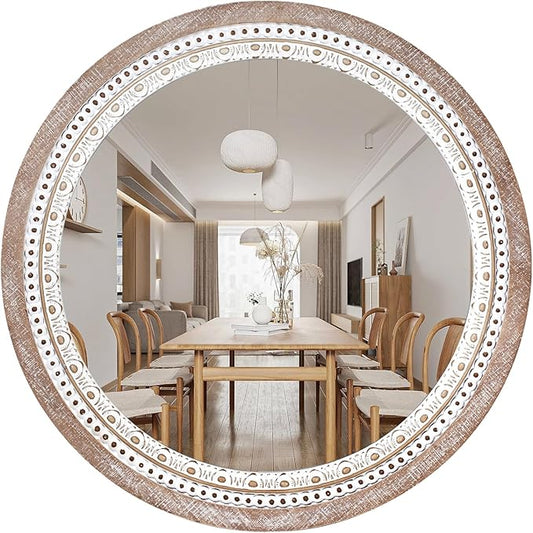 24 Inch Wooden Round Mirror for Wall Decor, Farmhouse Rustic Decorative Circle Mirrors with Beaded Frame, for Bedroom, Bathroom, Living Room, Entryway
