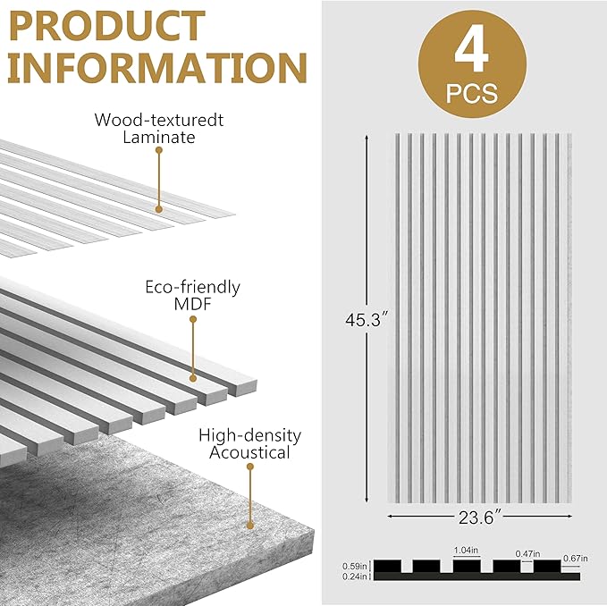 Acoustic Wood Wall Panels, 2-Pack 45.3" x 23.6" Soundproof Wall Panels, Wood Slat Wall Panels for Wall Decor, White Elm