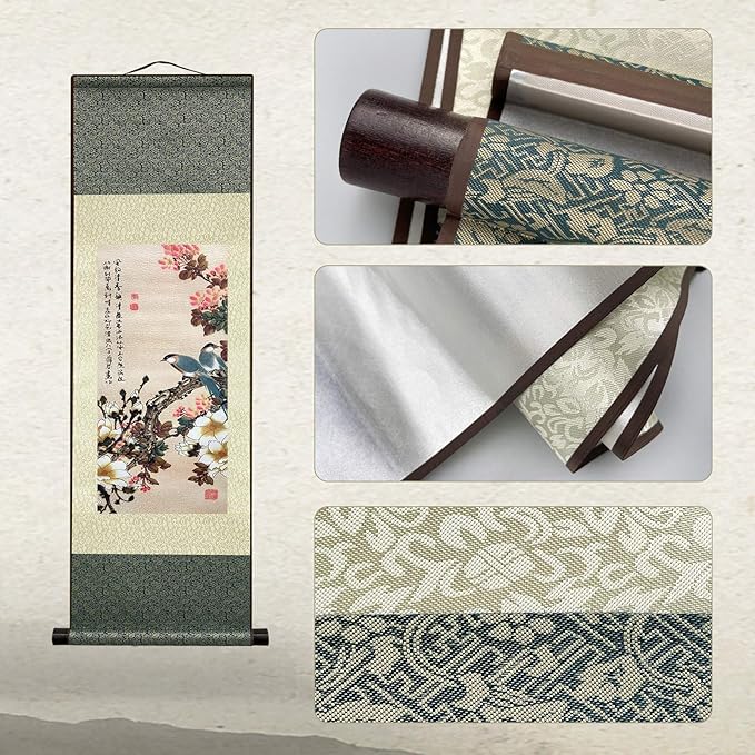 AtfArt Asian Wall Decor - Beautiful Silk Scroll Painting 4 Color Flower bird - Starling Thrush Magpie Parrot Oriental Decor Chinese Art Wall Scroll Hanging Painting 36.2 x 12in (4 Piece)