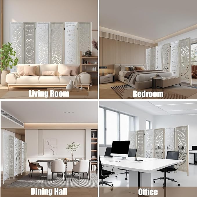 6 Panel Wood Room Divider Fully Assembled, Decorative Room Dividers and Folding Screens, 5.6Ft Room Divider Screen Freestanding Partition Wall Dividers for Home Bedroom Office, White