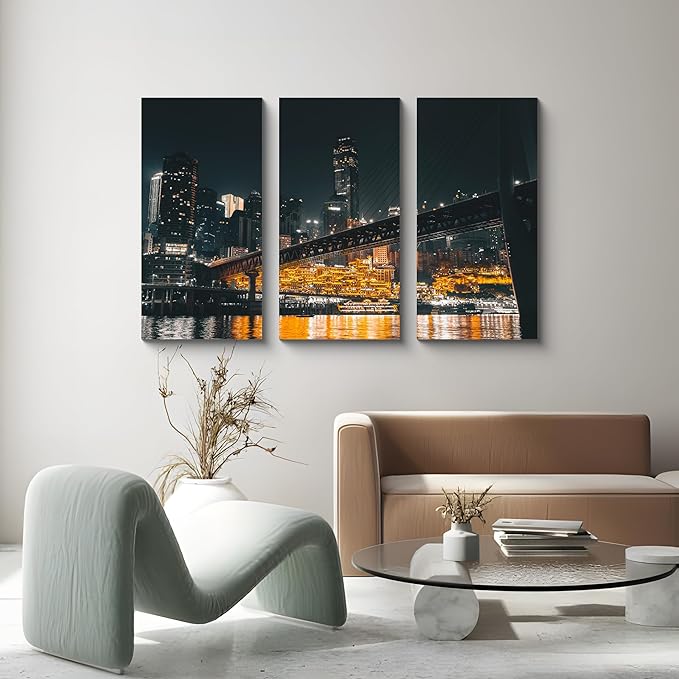NAN Wind 3PCS Chongqing City Nightscape Canvas Wall Art Illuminated Chinese Skyline with Bridge Skyscrapers Modern Urban Landscape Photography Print for Living Room Office Bedroom Decor