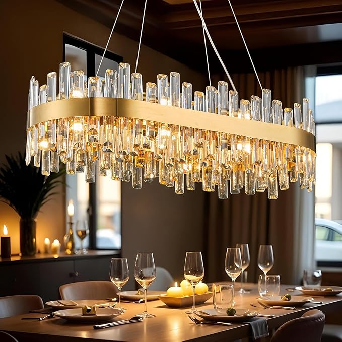Modern Crystal Chandeliers, Luxury Rectangular 2 Tiers K9 Crystal Chandelier, 16-Light Brass Gold Rectangle Oval Flush Mount Ceiling Light Fixture for Dining Room Kitchen Foyer, L35.4''