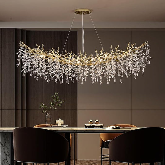 Modern Crystal Chandelier for Dining Room, 16-Light 63" Gold Tree Branch Chandeliers, Luxury K9 Crystal Rectangular Chandeliers for Kitchen Island Living Room