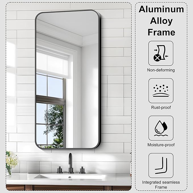 KOCUUY Black Bathroom Mirror, 20" x 40" Metal Frame Rectangle Mirror with Rounded Corner, Classic Design of Upgraded Shatterproof Glass for Bathroom, Bedroom, Living Room, Entryway