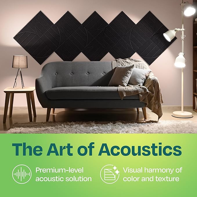 Acoustic Panels 12-Pack Soundproof Wall Panels 12"x12"x0.4" Decorative Sound Dampening for Your Home, Office, Studio, Bedroom & More with Unique ModuArc Carving [Deep Black]