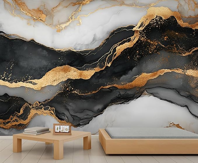 Black Gold Marble Mural Wallpaper, White Gold Marble Murals, European Light Luxury Murals, Wallpaper for Living Room Bedroom Boy Girl Room Home Decor Mural (Not Peel Stick)
