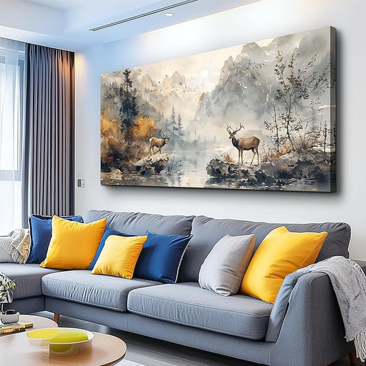 KELIYUAN Framed Canvas Wall Art Decor Living Room Large Wall Decorations For Office Mountain Landscape Ink Painting Abstract Pictures Bedroom Wall Decor Artwork Room Mural Home Decor 24x48 In