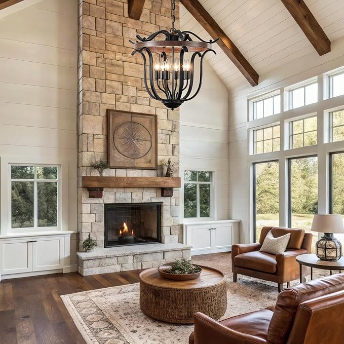 20" Large Farmhouse Chandelier for High Ceiling, 6 Light Vintage Cage Pendant Light Fixture Black Chandeliers for Living Room Staircase Entryway Kitchen