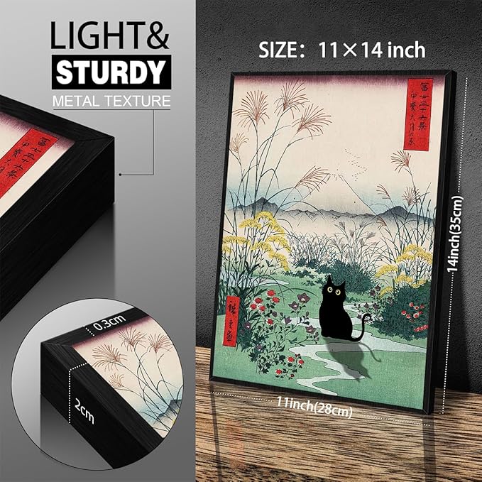 Black Framed Canvas Wall Art Posters Funny Japanese Black Cat Poster Modern Ukiyo-e Decor Picture for Home Bedroom Dorm Wall Decorations 11x14in