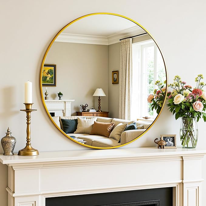 Antok Wall Mirror, 18"x18" Bathroom Vanity Mirror, Anti-Rust HD Tempered Glass, Wall Mounted Mirrors for Living Room, Entryway, Gold Frame, Round