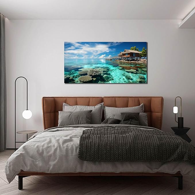 Ocean Scenic Canvas Wall Art, Blue Seascape Wall-Decor Picture , Ocean Scenery Canvas Decoration, Coastal Landscape Print Decorative Artwork for Home living Room Bedroom and Office, Size 40x20 Inches