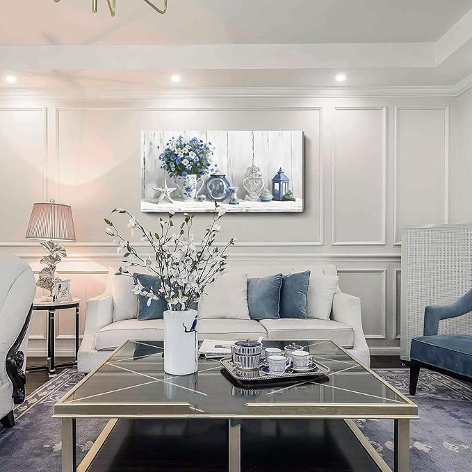 Nicetop Large Coastal Wall Art – Blue and White Floral Artwork, Rustic Farmhouse Canvas Prints with Flowers, Lantern and Ceramics Vintage Country Cottage Picture for Living Room Bedroom Kitchen 48x24 Inch