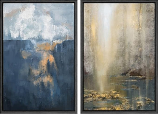 MUDECOR Framed Canvas Print Wall Art Set Pastel Paint Stroke Landscapes Abstract Shapes Illustrations Modern Art Decorative Bohemian Calm/Zen for Living Room, Bedroom, Office - 16"x24"x2 Black