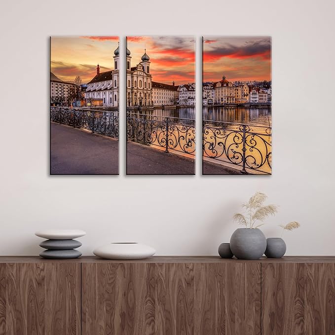 3Pcs European Cityscape Canvas Wall Art Scenic Sunset Over River Cathedral with Domes Lucerne-Inspired Architecture Romantic Travel Destination Decorative Framed Artwork for Living Rooms Bedrooms