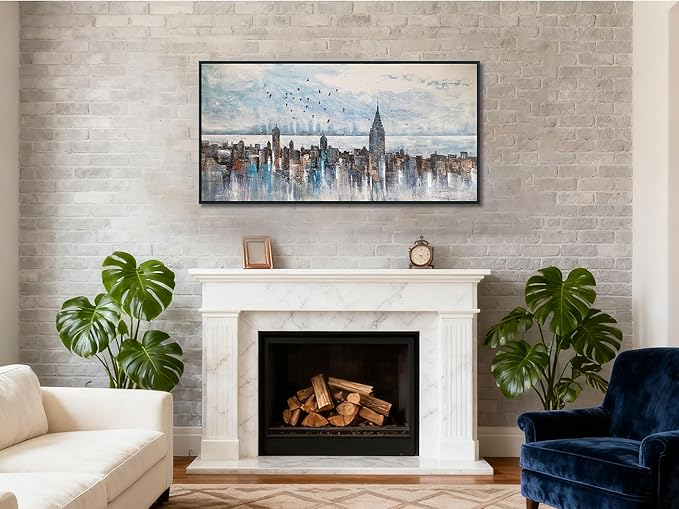 Arjun Cityscape Wall Art New York City Buildings Picture Modern Abstract Grey Skyline Birds NYC Painting Artwork for Bedroom Living Room Bathroom Home Office Decor, Large Size Black Framed 40"x20"