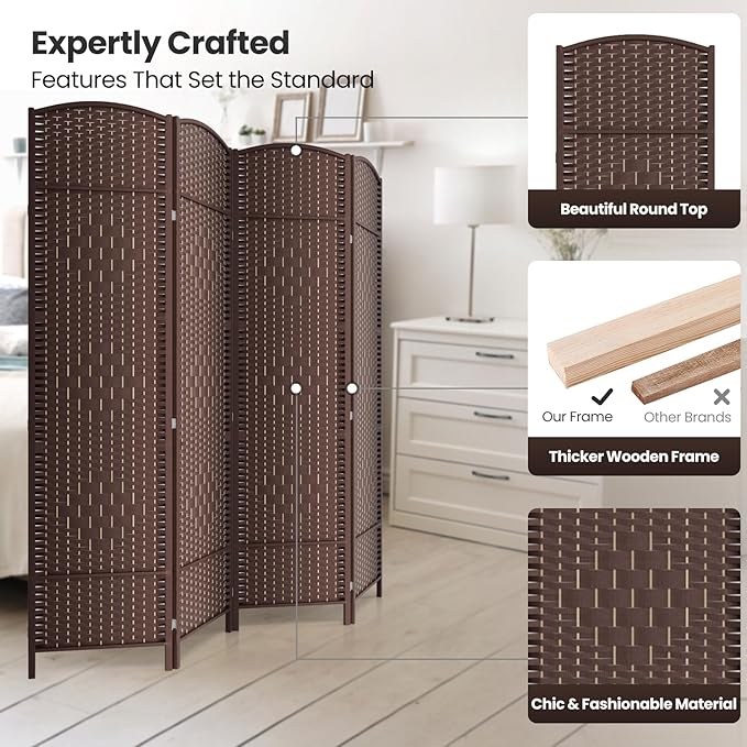4 Panel Room Divider,6Ft Folding Privacy Screen,Tall - Extra Wide Foldable Panel Partition Wall Divider with Diamond Double-Weaved Hand-Woven Design Room Screen Divider