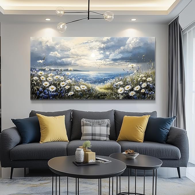 KELIYUAN Large Wall Decor Canvas Painting Wall Art For Bedroom Living Room Decoration Blue Mediterranean Garden Landscape Painting Art Print Picture Room For office Room Bathroom Home Decor 30x60In