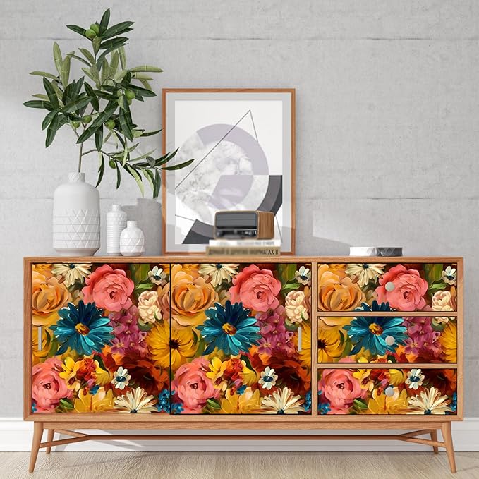 Colorful Floral Peel and Stick Wallpaper Vintage Leaf Contact Paper Multicolor Flower Wall Mural Home Vinyl Waterproof Self Adhesive Removable Renter Friendly Wall Paper 17.5" x 118"