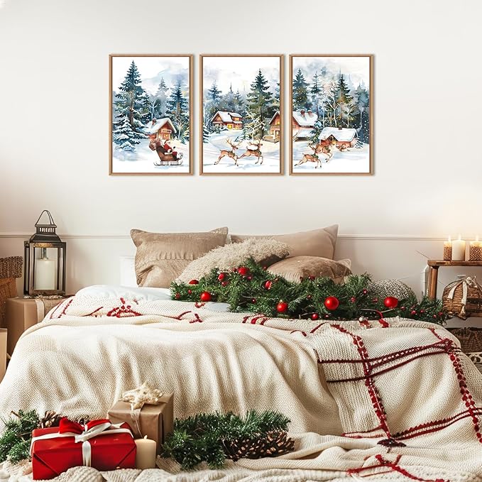 Christmas Santa Sleigh Deer Framed Canvas Wall Art Set, Reindeer Design Decor, Winter Snow Forest Tree Wall Painting, Christmas Art Print for Living Room, Bedroom, Office 16"x24"x3