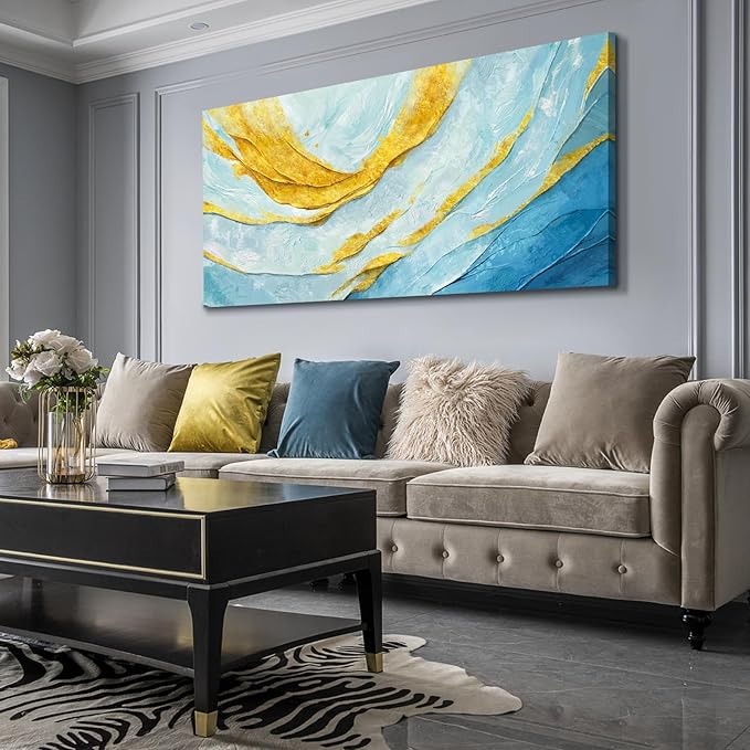 Nicetop Extra Large Abstract Canvas Wall Art for Living Room – Oversized Blue and Yellow Art Print Modern Horizontal Contemporary Artwork Coastal Wall Picture Bedroom Home Office Decor 58x29 Inch